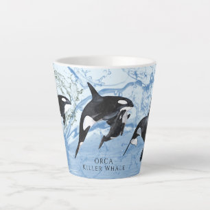 Caneca De Café Latte Incrível "Black and White Watercolor Orcas"