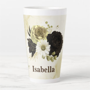 Caneca De Café Latte Incrível monograma de flores douradas em marrom ma