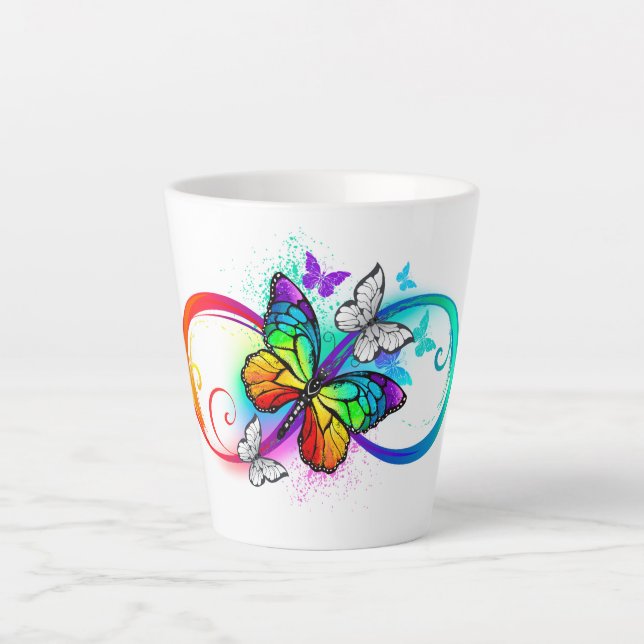 Caneca De Café Latte Infinidade brilhante com borboleta arco-íris (Frente)