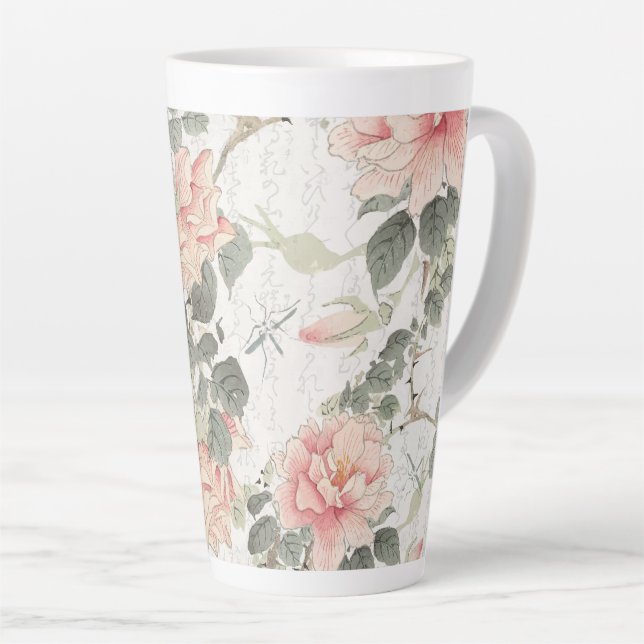 Caneca De Café Latte Influência Asiática Escamoteia Flores de Pequim Ro (Ângulo direito)