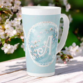 Caneca De Café Latte Iniciais de Flor de Cerejeira Rosa Turquesa Elegan