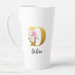 Caneca De Café Latte Inicial de Nome Monograma Floral Personalizado