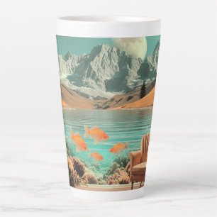Caneca De Café Latte Interior Surrealista com Peixes e Paisagem ao Luar