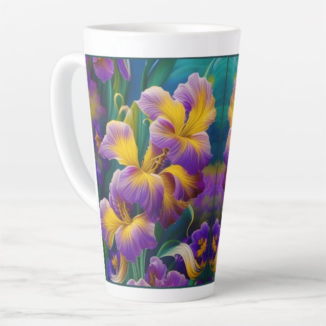 Caneca De Café Latte Iris Folhas plorais roxas e azuis-douradas (Ângulo esquerdo)