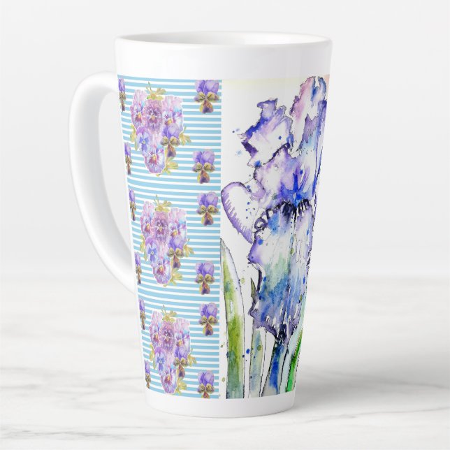 Caneca De Café Latte Íris Pintada à Mão Flores Floral Aquarela (Ângulo esquerdo)