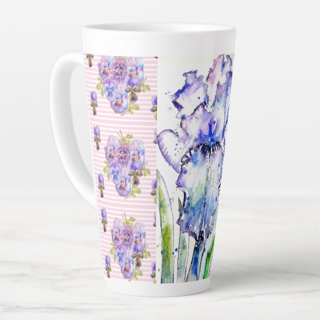 Caneca De Café Latte Íris Pintada à Mão Flores Floral Aquarela (Ângulo esquerdo)