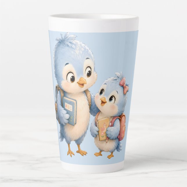 Caneca de Café Latte Irmãos Pássaros Azuis Fofos (Frente)