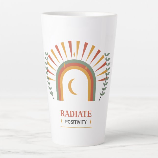Caneca De Café Latte Irradie Positividade Boho Celestial Sol Lua Botâni (Frente)