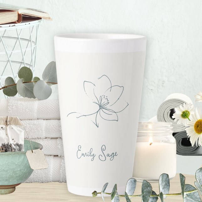 Caneca De Café Latte Ivory Coastal Blue Botanical Line Art Minimalist (Ivory Zen Yoga Floral Line Art Coastal Blue Latte Mug ©Susanne Sachers - Sunny Wanderlust 🌞✈️)