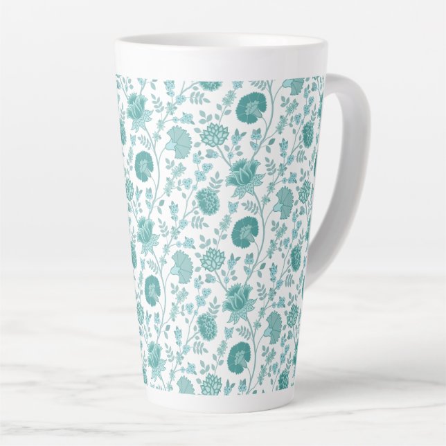 Caneca De Café Latte Jacobean Floral Pattern Teals on White (Ângulo direito)