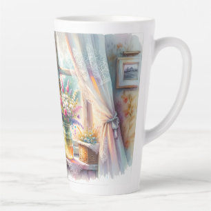 Caneca De Café Latte Janela de Casa de Campo Ensolarada com Flores Silv