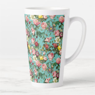 Caneca De Café Latte Jardim de rosa de safra em fundo teórico