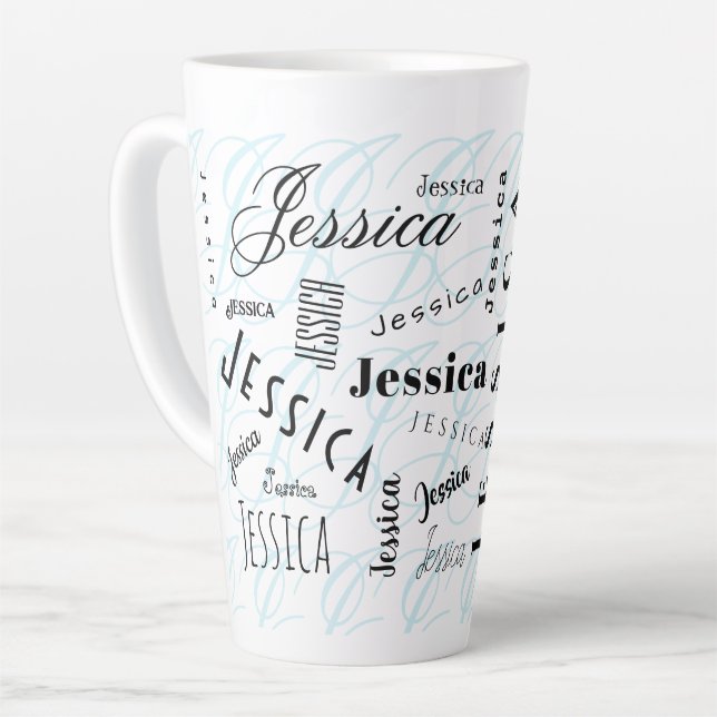 Caneca De Café Latte Jessica Custom Name Black White Blue (Ângulo esquerdo)
