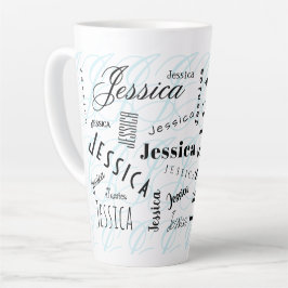 Caneca De Café Latte Jessica Nome Personalizado Preto Branco Azul