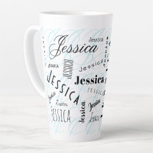 Caneca De Café Latte Jessica Nome Personalizado Preto Branco Azul