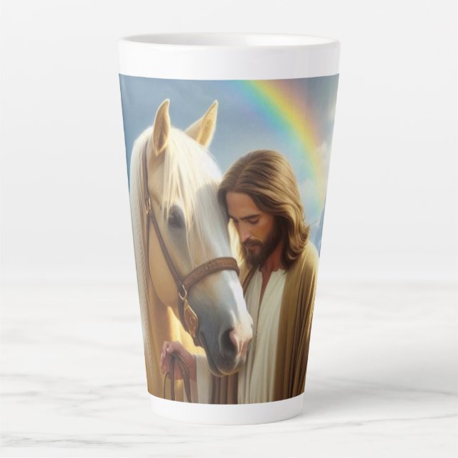 Caneca De Café Latte Jesus com Cavalo de Palomino na Paisagem Cênica (Frente)