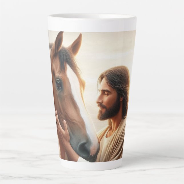 Caneca De Café Latte Jesus fortalecendo um cavalo no céu (Frente)