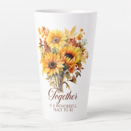 Caneca De Café Latte Juntos no Outono – Girassóis, Folhas e Amor