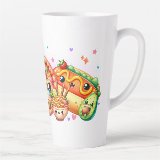 Caneca De Café Latte Kawaii Happy Comida Burger, Pizza e Hotdog