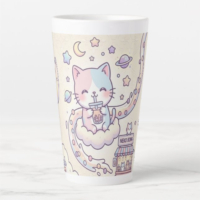 Caneca De Café Latte Kawaii Space Cat Drinking Boba Latte Mug  (Frente)
