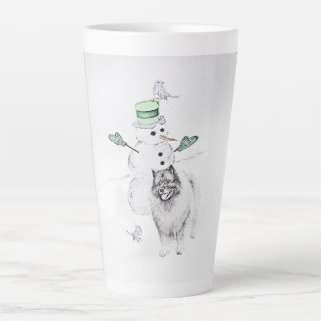 Caneca De Café Latte Keeshond Christmas Snowman Pinting Art (Frente)