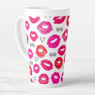 Caneca De Café Latte Kisses XOXO Vermelho e Rosa