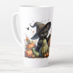 Caneca De Café Latte Kitten da Bruxa Negra do Halloween W/ Pumpkins Gou
