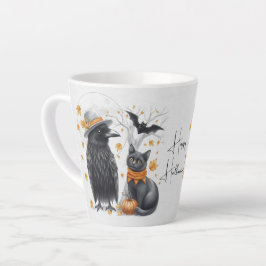 Caneca De Café Latte Krähe und Katze „Happy Halloween!“ Crow Tasse