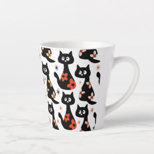 Caneca De Café Latte Lã Tradicional De Gatos Pretos Florais (Brancos)