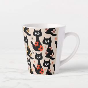 Caneca De Café Latte Lã Tradicional De Gatos Pretos Florais (Suave Beig