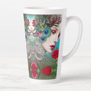 Caneca De Café Latte Lábios Vermelho Feminino e Abstrato de Peacock