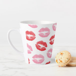 Caneca De Café Latte Lábios Vermelhos e Rosa, Padrão De Lábios, Batom, 