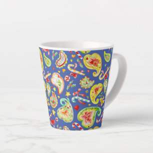 Caneca De Café Latte Laco de Natal em aquarela paisley azul doce