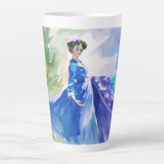 Caneca De Café Latte Lady in Blue Vress - Pintura por Aquarela (Frente)