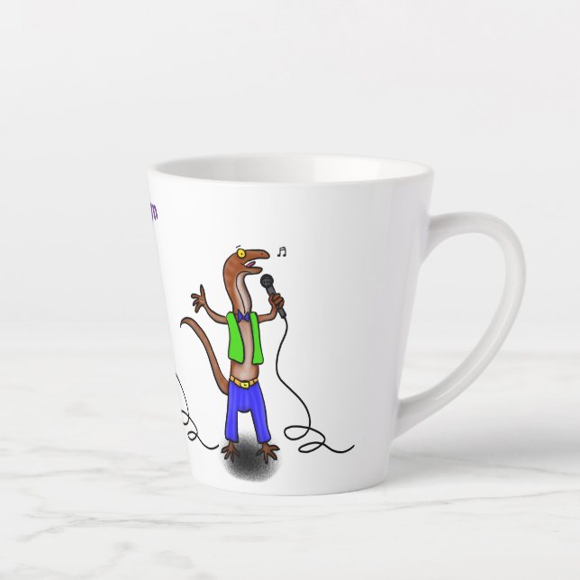 Caneca De Café Latte Lagarto engraçado cantando com desenho de microfon (Direita)