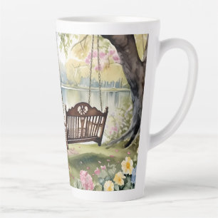 Caneca De Café Latte Lakeside Swing em Jardim Romântico de Aquarela