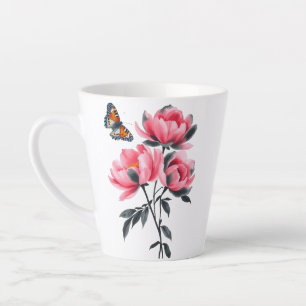 Caneca De Café Latte Lata - Flores De Pênia Rosa, Borboleta