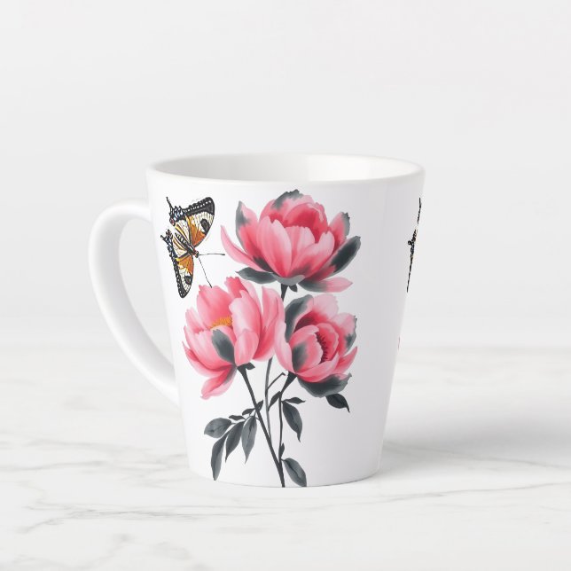Caneca De Café Latte Lata - Flores De Peões, Borboleta (Ângulo esquerdo)