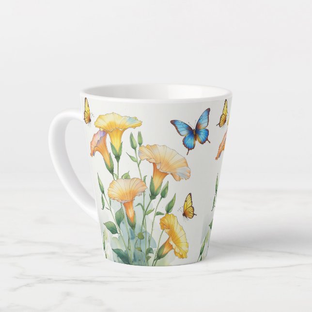 Caneca De Café Latte Lata - Glória Amarela e Borboletas (Ângulo esquerdo)