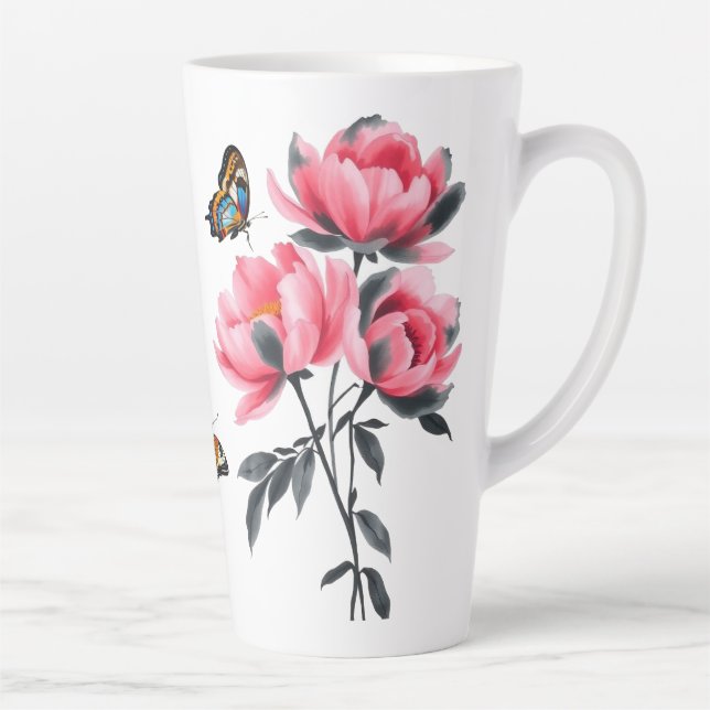 Caneca De Café Latte Lata Grande - Flores De Pênia Rosa, Borboletas (Direita)