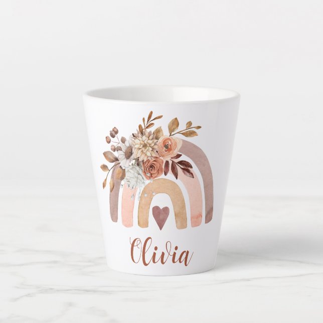 Caneca De Café Latte Latte Floral Arco-Íris de Boho Personalizado (Frente)