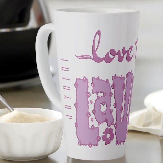 Caneca De Café Latte Lavanda Floral Chunky Texto Slogan Com Nome (Customize it with any name printed vertically down the side for a unique, one-of-a-kind feel. )