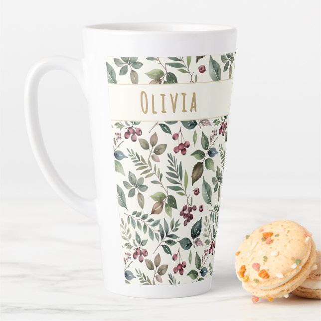 Caneca De Café Latte Leaves and Berries Rustic Winter Personalized (In Situ)
