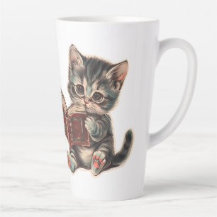 Caneca De Café Latte Leitura de um gato bonito retrava ilustração infan