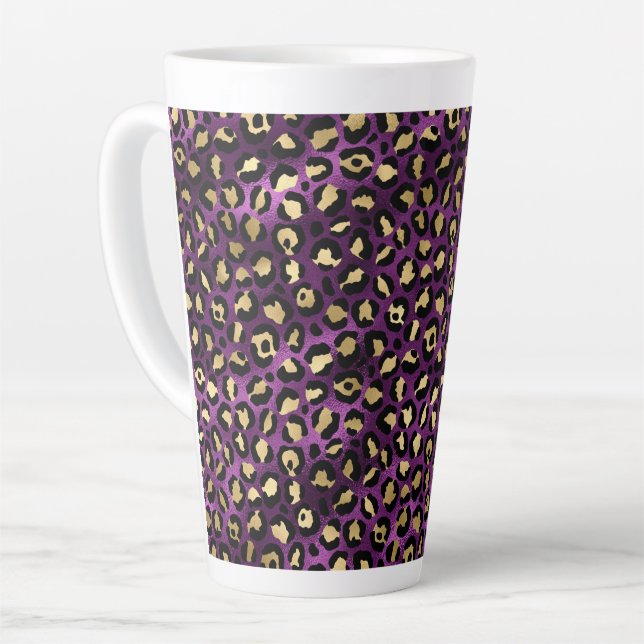 Caneca De Café Latte Leopardo roxo e Dourado Design 1 (Ângulo esquerdo)