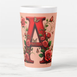 Caneca De Café Latte Letra A Vermelha Elegante por Rosas e Borboleta