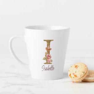 Caneca De Café Latte Letra de Nome Personalizado I Rosas Rosa Bege com 
