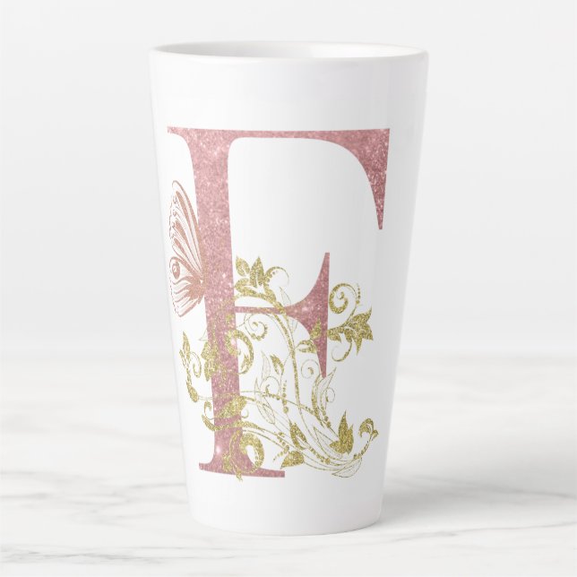 Caneca De Café Latte Letra F Floral Brilho Rosa  (Frente)
