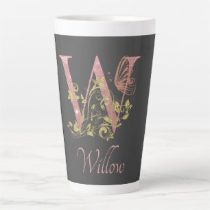 Caneca De Café Latte Letra Floral Cor-de-Rosa W Personalizada