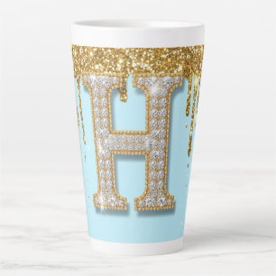 Caneca De Café Latte Letra H de Diamante de Luxo em Fundo de Brilho Dou